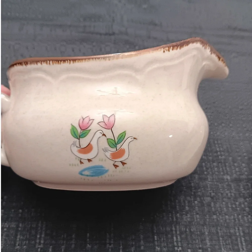 Vintage Village Scene Gravy Boat with Underplate Stoneware Country Folk Art